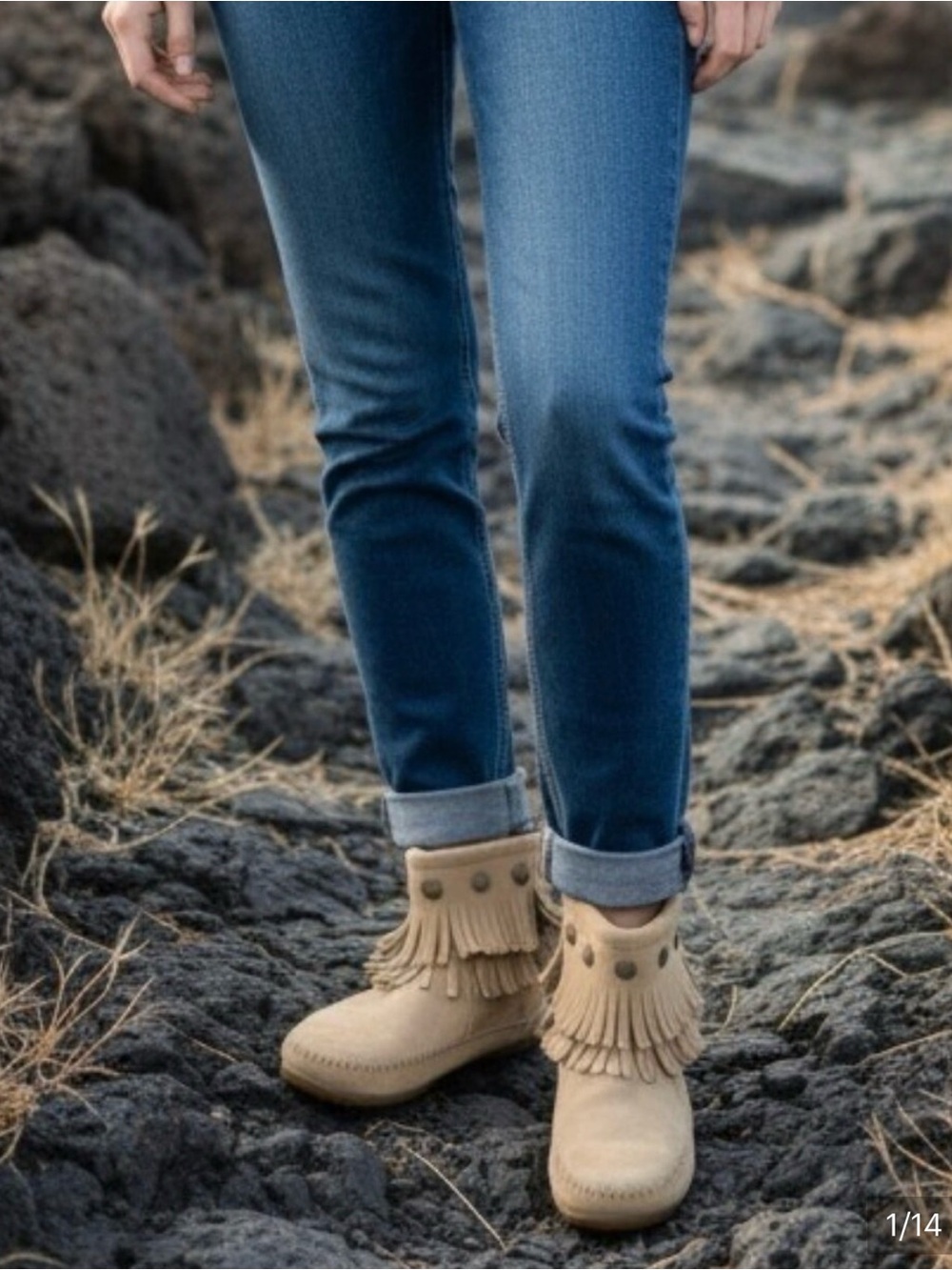 Minnetonka Taupe Suede Fringe Ankle Boots with Concho Studs 6.5